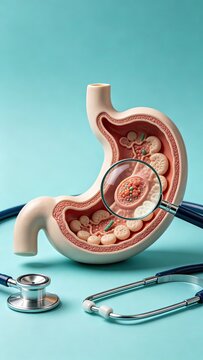 Stomach Anatomy Model with Magnifying Glass and Stethoscope, Gastritis, Ulcer or Cancer Medical Concept, Digestive System Disease Education and Health Check