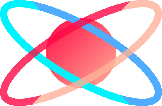Abstract atomic structure with red central sphere and overlapping orbital elliptical path rings gradient illustration