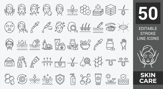 Skin care icons set. Containing Moisture cream, acid, anti wrinkle serum, ceramide, collagen, retinol compound, sunscreen, and more. Outline Icon Collection. Editable stroke. Vector illustration