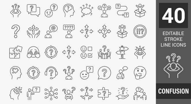 Confusion icon set. Containing confused, uncertain, lost, unclear, misunderstand, hesitation, ambiguity, and more. Outline Icon Collection. Vector illustration. Editable stroke