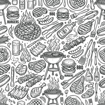 Vintage style barbecue and grill food illustration pattern Vector