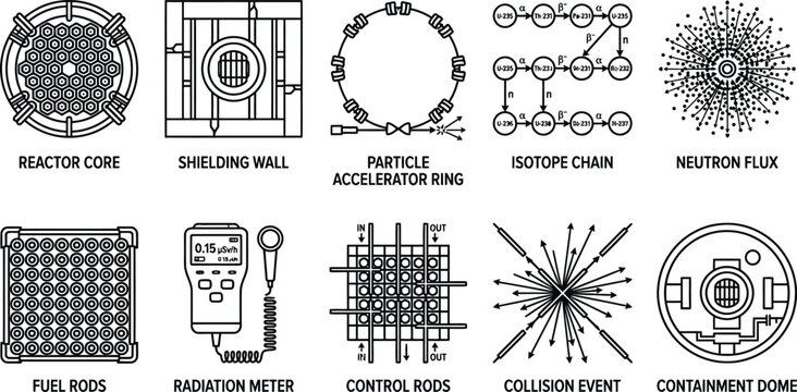 Atomic science nuclear physics line icons group displaying reactor core shielding wall particle accelerator ring isotope chain neutron flux fuel