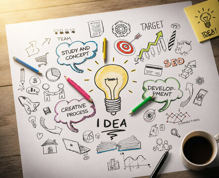 AI generated creative idea development sketch lightbulb concept surrounded by business planning strategy innovation marketing growth learning productivity elements
