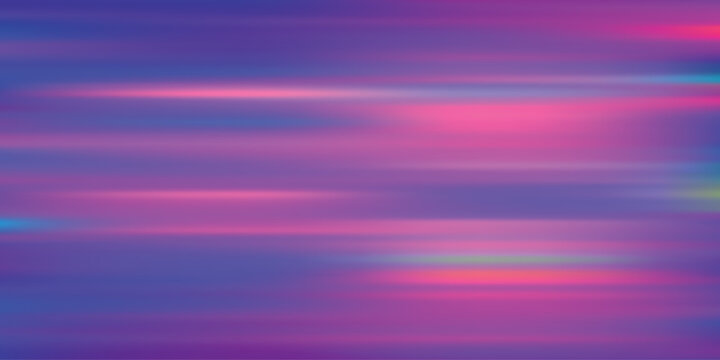 Vibrant neon abstract background with horizontal motion blur, glowing purple and pink light streaks, futuristic colorful gradient vector texture