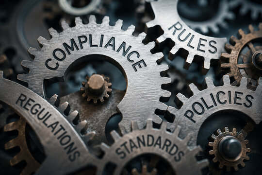 AI generated interconnected metal gears representing compliance regulations policies standards governance risk management corporate control within an organized business framework