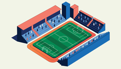 Isometric view of a soccer stadium with stands and a track featuring spectators in various sections © Sadhin07