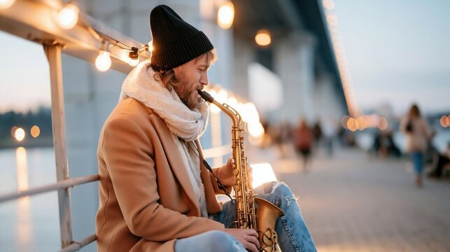 A talented musician plays the saxophone, immersed in melodies while seated under a bridge, with twinkling lights and a calm river creating a dreamy backdrop.