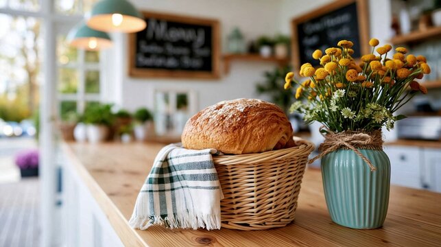 An arrangement of freshly baked bread nestled in a basket next to a vase of decorative flowers on a rustic wooden table, creating a warm and inviting ambiance in a cozy kitchen.