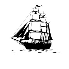 Vintage classic sailing ship silhouette vector illustration of a tallmast sailing vessel with full sails on calm waters, nautical symbol for travel, history, or adventure themes. © SarfarazAhmed