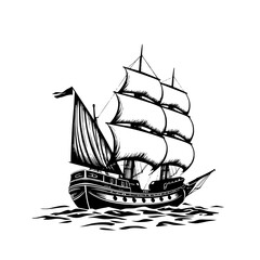 Vintage sailing ship silhouette, classic tall ship with billowing sails on calm waters, nautical icon in black and white, vector illustration for design and decoration. © SarfarazAhmed