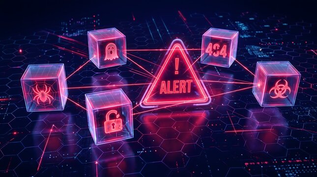 Cybersecurity alert system showing network compromise with threat icons and red geometry.