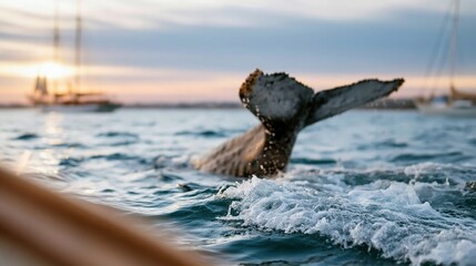 Obraz premium A serene moment captured as a whale's tail breaks the surface of the ocean, showcasing the beauty of nature against a picturesque sunset backdrop with distant sailboats.