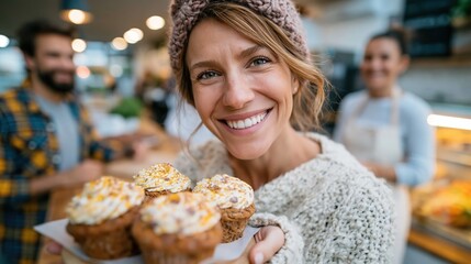 Naklejka premium A joyful woman presents a tray of delicious muffins at a vibrant cafe, showcasing her delightful experience while sharing the joy of baked treats with others around her.