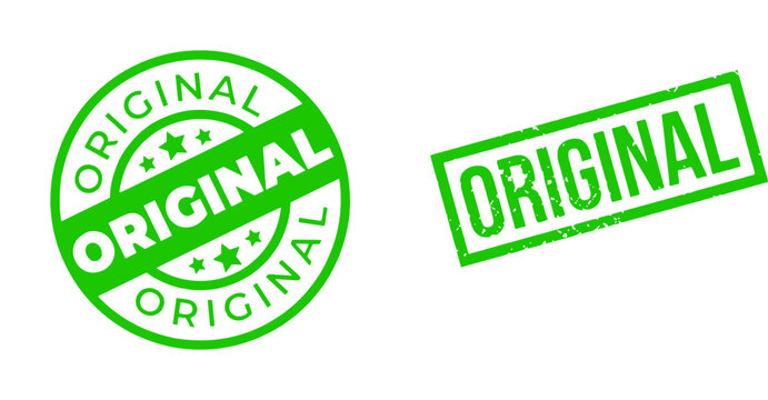 Green original stamp and seal icons, authentic symbol, verification mark, guarantee label, originality badge, vector graphics, isolated on white background for business and authenticity purposes.