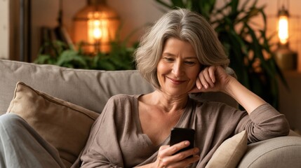 Obraz premium Happy mature woman relaxing on a sofa and using a smartphone in a cozy living room