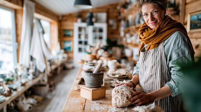 In a cozy rustic kitchen, a woman kneads dough, embodying the heart of home cooking, creativity, and tradition in a warm and inviting environment filled with natural elements.