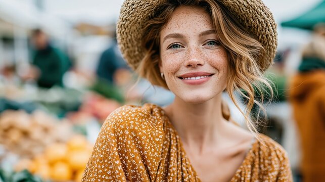 A cheerful woman with striking freckles wearing a straw hat smiles brightly amidst a bustling market filled with fresh produce and colorful stalls, promoting vitality and warmth.