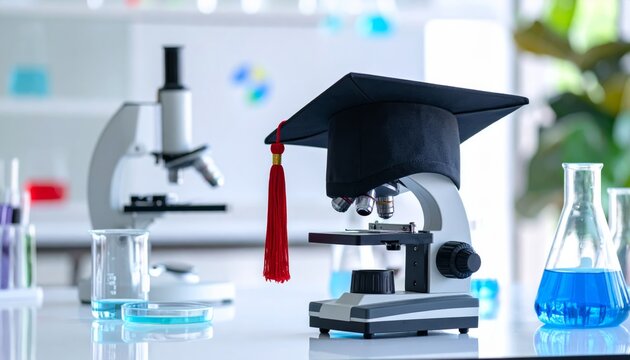 A white medical microscope stands as an essential piece of technology and lab equipment alongside a computer inside a modern laboratory room