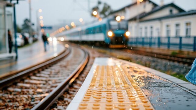 Dynamic view of a rainy train platform capturing the shimmering surfaces as a train approaches, creating a sense of anticipation and moodiness in urban life.
