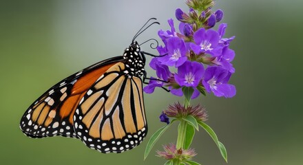 Obraz premium Monarch Butterfly Feeding on Purple Flowers Macro Shot with Soft Green Background