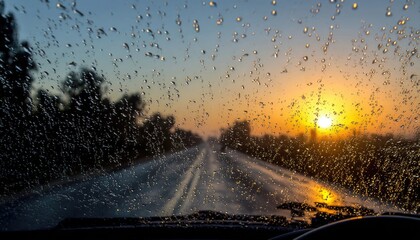 Fototapeta premium Sunset road through rain-streaked glass
