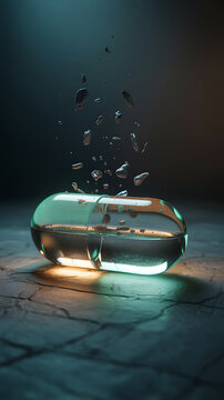A transparent green capsule exploding on a cracked surface with particles flying out in all directions in a dark room