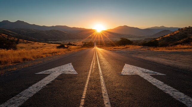 Sunlit road diverges into mountains, offering a choice of paths at dawn