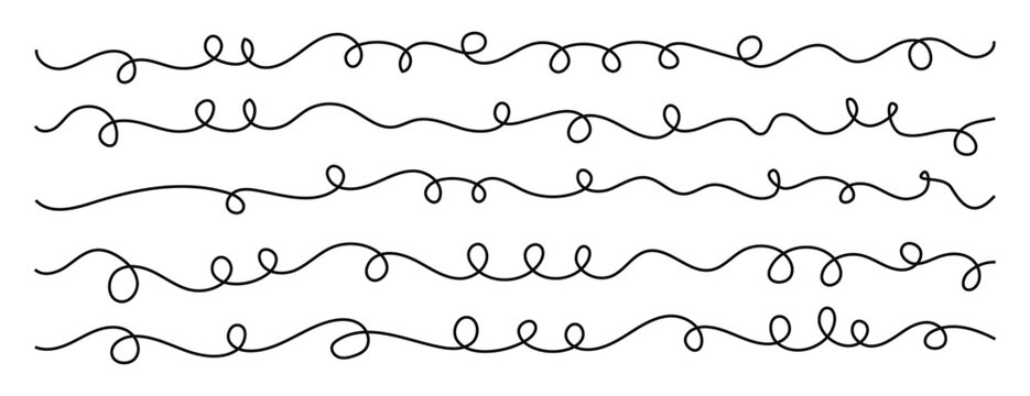 Hand drawn wavy ink lines creating playful dividers for stationery, logos, and social templates loose curls and loops arranged in parallel rows with subtle ink texture and minimalist monochrome look.