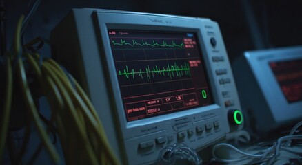 Fototapeta premium Medical monitor displays vital signs, wires and cables cluttering foreground