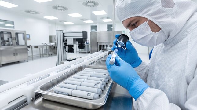 Scientist in cleanroom examining medical devices with magnifying glass under bright lights