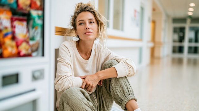 A young woman sitting thoughtfully in a hospital corridor, reflecting in a moment of solitude, evoking feelings of vulnerability and pondering life's complexities.
