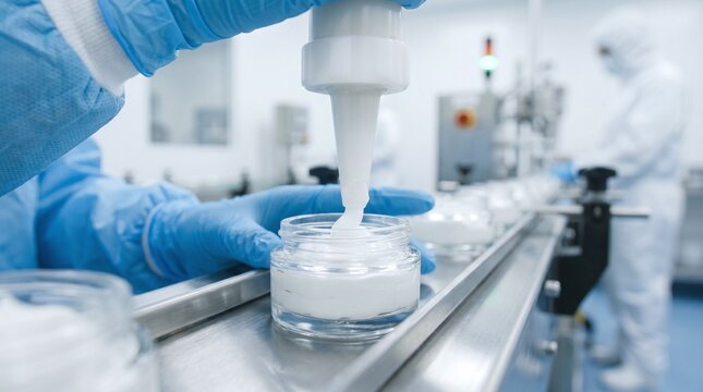 Sterile production line filling jars with white cream product in a cleanroom environment