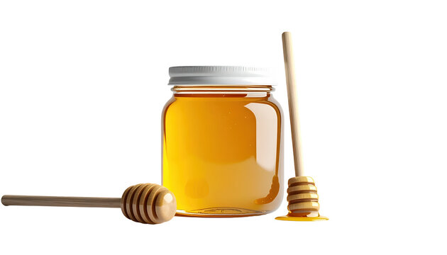 Golden Honey Jar with Wooden Dippers Isolated