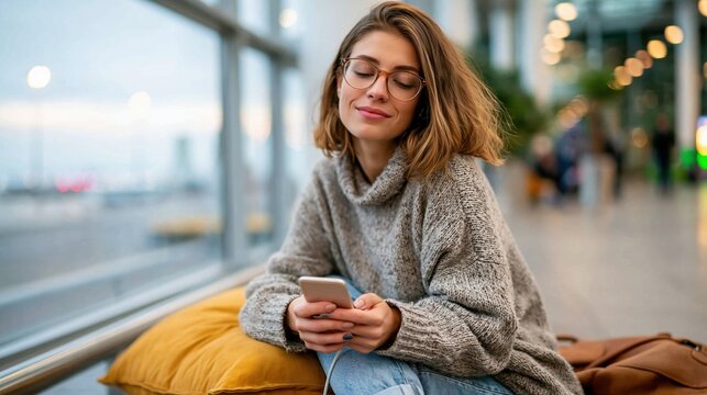 A young woman casually enjoys her time in a cozy cafe while texting on her smartphone, showcasing a modern blend of relaxation and communication amidst comfortable surroundings.