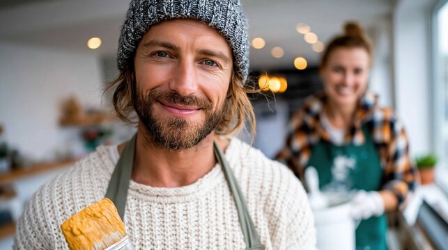 A cheerful man poses with a paintbrush in hand, showcasing creativity and passion in an inviting atmosphere, while a woman in the background contributes to the artful moment.