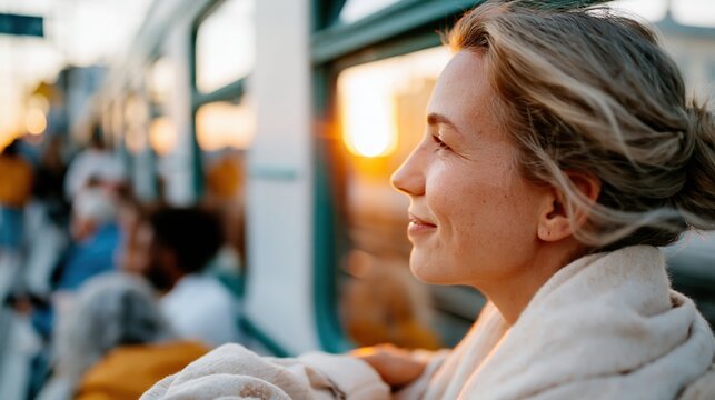 A serene woman looks content while enjoying the sunset through a window on public transport, capturing the essence of quiet reflection and appreciation for small moments in life.
