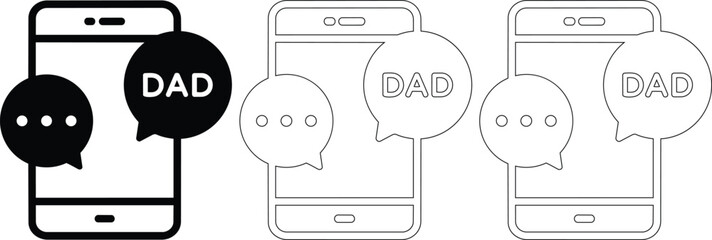 Mobile phone with dad contact chat bubbles icons vector illustration. Smartphone messaging communication set for fathers day greetings or family connection. © MD