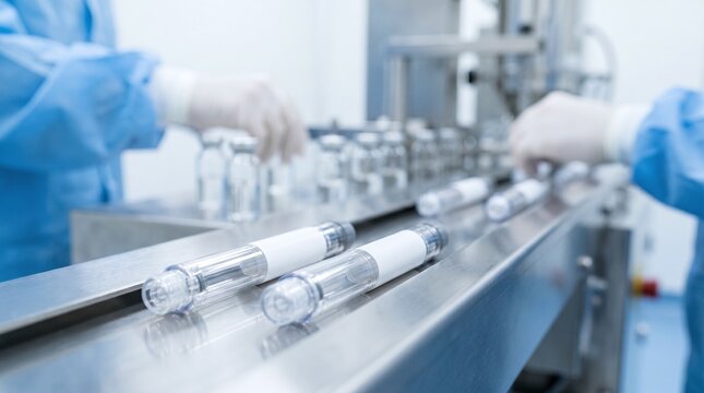 Pharmaceutical production line with workers in sterile suits handling medical vials and auto injectors
