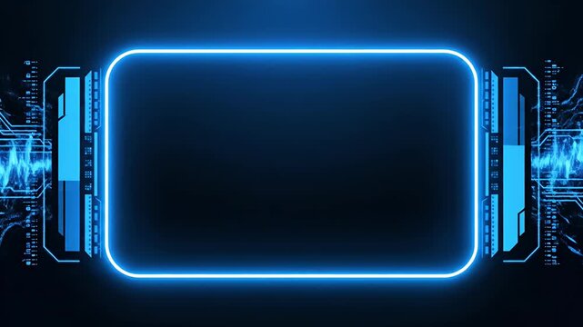 Glowing blue digital frame with futuristic pulse wave patterns.
