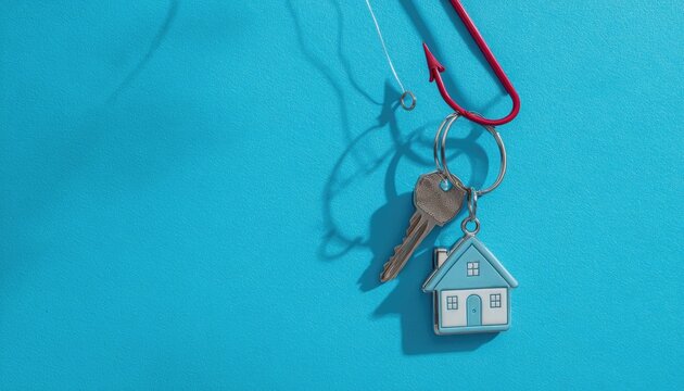 A key with a house charm is caught on a red fishing hook