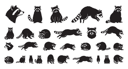 Fototapeta premium black raccoon silhouettes in playful cluster showcasing sitting, standing, and climbing poses, bold monochrome shapes with striped tails and masked faces, perfect for branding, stickers,