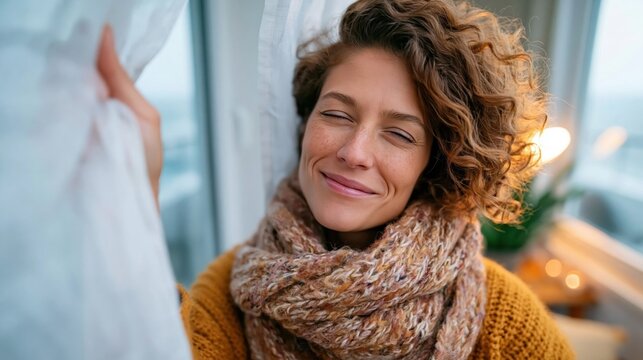 An enthusiastic young woman stands by a window with a white curtain, emanating happiness and contentment while wrapped in a cozy scarf during a serene ambiance.
