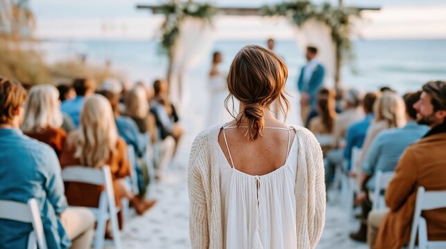 A beautiful beach wedding taking place at sunset, capturing the excited guests seated as the couple exchanges vows under a floral arch, creating a romantic atmosphere.