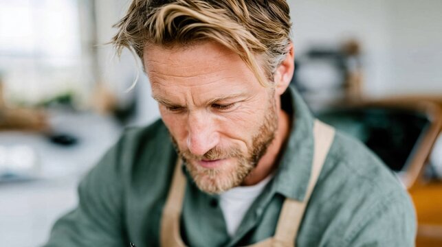 A skilled craftsman is deeply focused on his woodworking project, showcasing artisan craftsmanship and creative expression in a well-lit workspace filled with tools and materials.