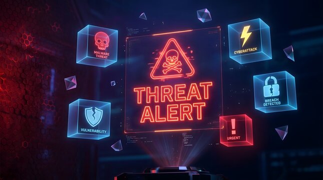 Cybersecurity threat alert interface with skull icon and warning boxes in neon digital art.