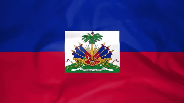 Waving flag of haiti, a caribbean country, featuring blue and red horizontal bands with the national coat of arms in the center flag waving texture animation seamless loop 4k background video