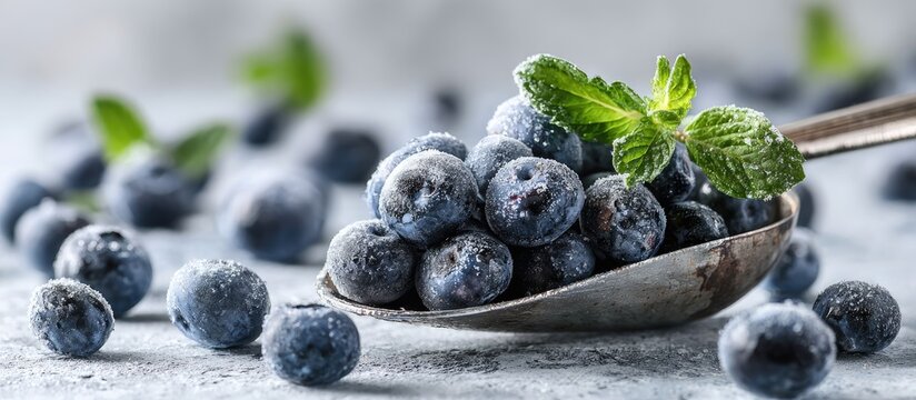 Spoonful of frosty blueberries with mint leaves on a light gray surface