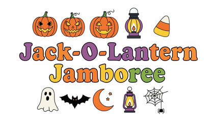 Fototapeta premium Jack-O-Lantern Jamboree: A playful collection of Halloween icons, including smiling jack-o'-lanterns, a friendly ghost, a silhouette bat, a crescent moon, and candy corn, set against a clean backdrop.