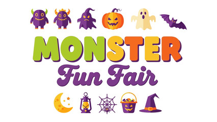 Fototapeta premium Monster Fun Fair Graphics: A vibrant collection of Halloween-themed illustrations featuring playful monsters, a grinning pumpkin, a friendly ghost, a flying bat, a crescent moon, a lantern.
