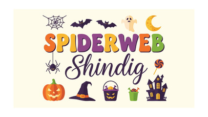 Fototapeta premium Spooky Halloween Party Elements: A vibrant collection of classic Halloween motifs, including pumpkins, witches' hats, candy buckets, haunted castles, ghosts, bats, and spiders.